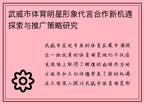 武威市体育明星形象代言合作新机遇探索与推广策略研究